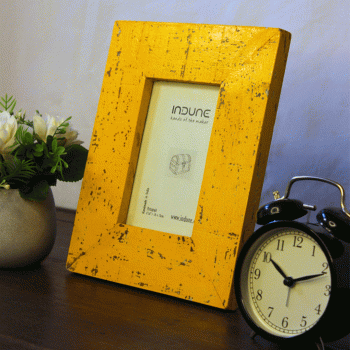 Handcrafted wooden photo frame in rough distressed yellow finish (4x6 inches)
