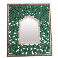 Hand-painted green Jaisalmer Jali wooden mirror frame