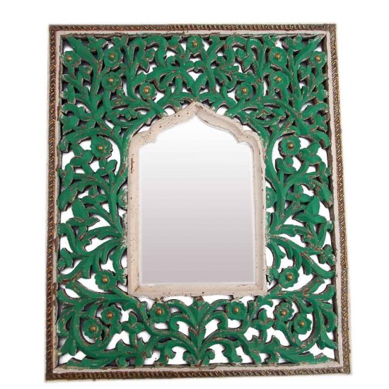 Wooden Jaisalmer Jali Frame with mirror - Hand Painted, Green