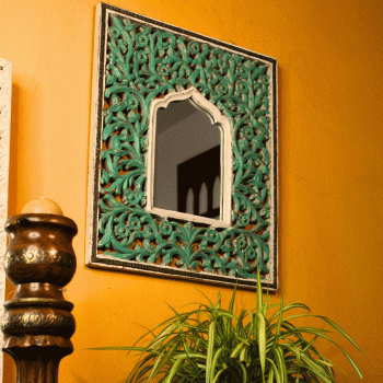Hand-painted green Jaisalmer Jali wooden mirror frame