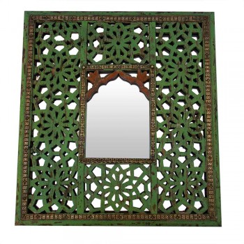Wooden Jaisalmer Jali Mirror Frame - Hand Painted, Green