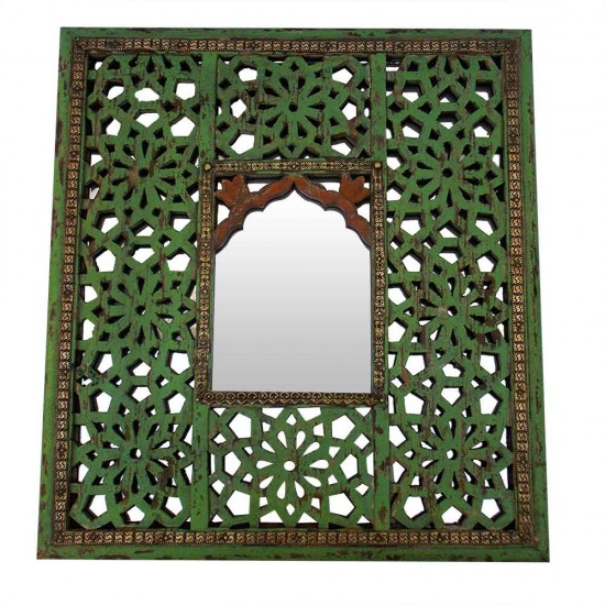 Wooden Jaisalmer Jali Frame with Mirror - Hand Painted, Green