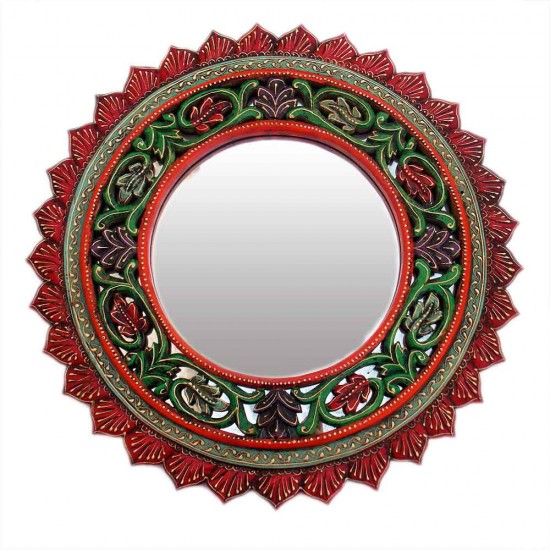Wooden Carved Floral Mirror Frame - Round, Hand Painted