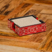 Hand painted crackle finish wooden coaster set red off white Indian decor