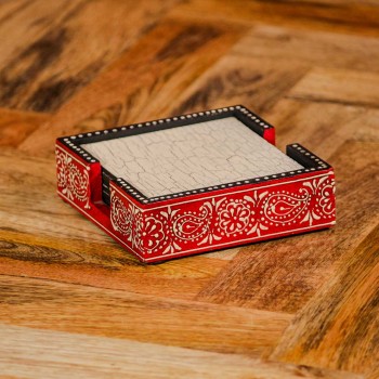 Hand painted crackle finish wooden coaster set red off white Indian decor