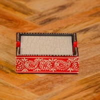 Hand painted crackle finish wooden coaster set red off white Indian decor