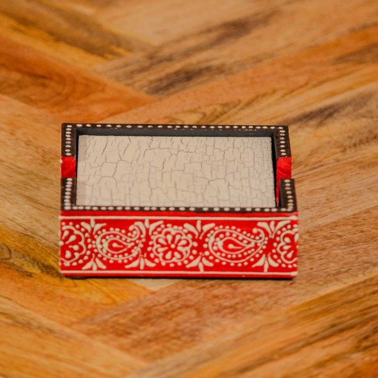 Hand painted crackle finish wooden coaster set red off white Indian decor
