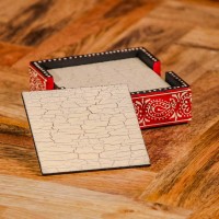 Hand painted crackle finish wooden coaster set red off white Indian decor