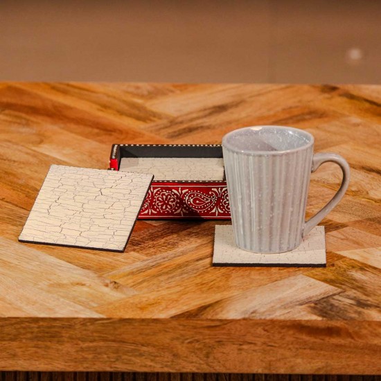 Hand painted crackle finish wooden coaster set red off white Indian decor