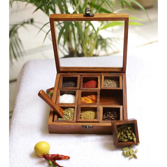 Sheesham Wood Spice Box Container - Spice Masala Box Holder Sheesham Wood Spice Box Container - Spice Masala Box Holder