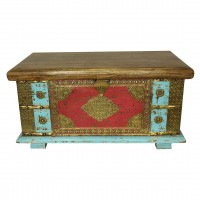 Wooden Treasure Box - Pitara Light Blue and Red 22 x 12 x 12 Inches