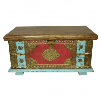 Wooden Treasure Box - Pitara Light Blue and Red 22 x 12 x 12 inch