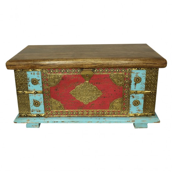 Wooden Treasure Box - Pitara Light Blue and Red 22 x 12 x 12 Inches