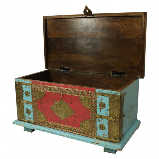 Wooden Treasure Box - Pitara Light Blue and Red 22 x 12 x 12 Inches