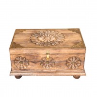 Rustic White Wooden Treasure Box with Floral Carving and Embossed Brass Work