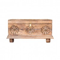 Rustic White Wooden Treasure Box with Floral Carving and Embossed Brass Work