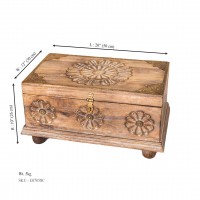 Rustic White Wooden Treasure Box with Floral Carving and Embossed Brass Work