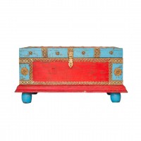 Blue-Red Wooden Treasure Box with Embossed Brass Art