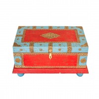 Blue-Red Wooden Treasure Box with Embossed Brass Art