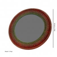 Red Round Wall Mirror with Traditional Artwork