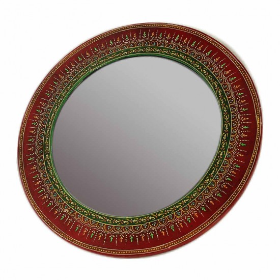 Red Round Wall Mirror with Traditional Artwork