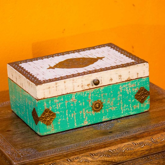 Distressed white & bluish-green wooden box – vintage storage trunk front view Distressed white & bluish-green wooden box – vintage storage trunk front view