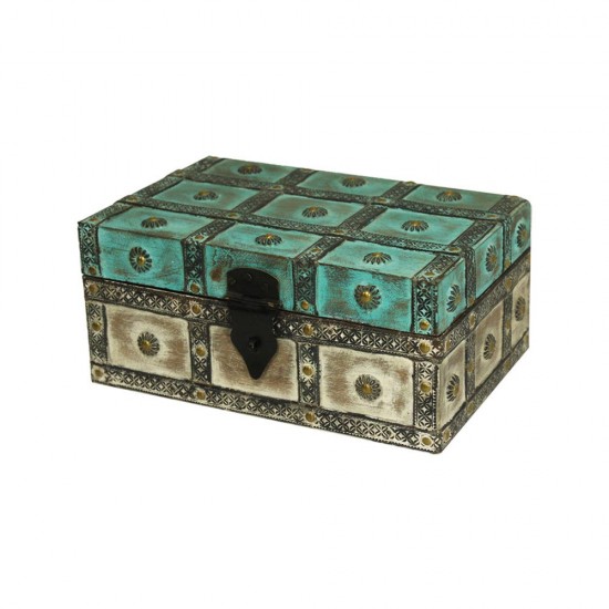 Distressed Turquoise & White wooden box with Iron Claddings