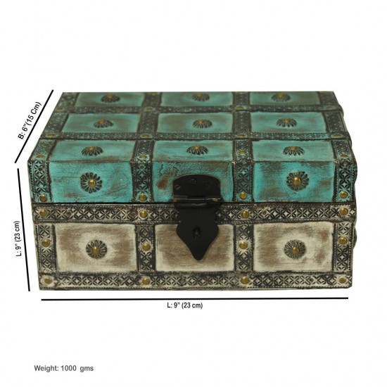 Distressed Turquoise & White wooden box with Iron Claddings