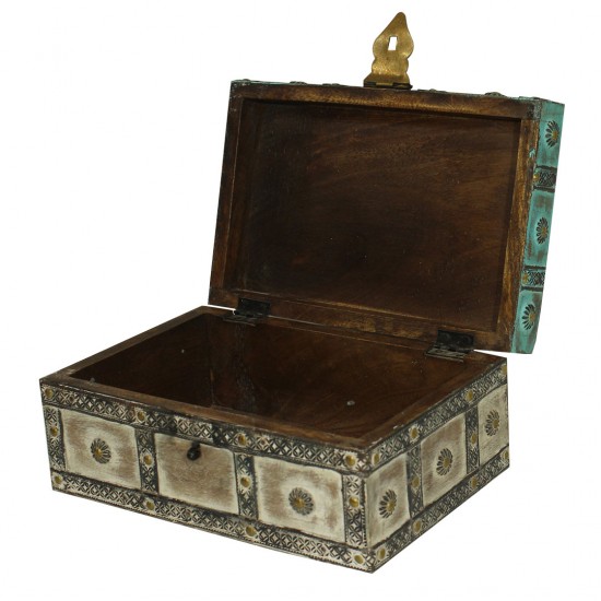 Distressed Turquoise & White wooden box with Iron Claddings