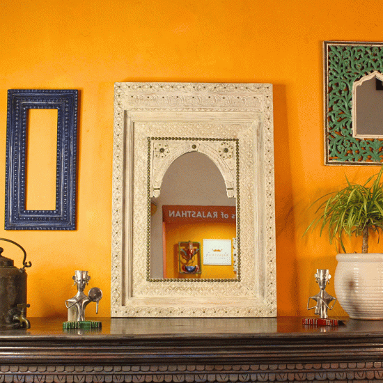 Wooden Distressed White Jharokha Mirror Frame