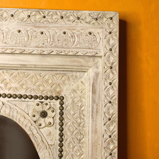 Wooden Distressed White Jharokha Mirror Frame