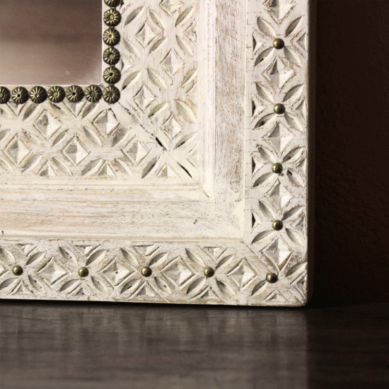 Wooden Distressed White Jharokha Mirror Frame