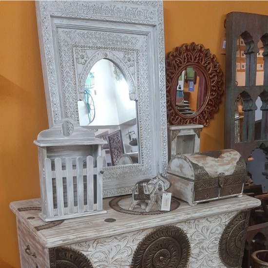 Wooden Distressed White Jharokha Mirror Frame