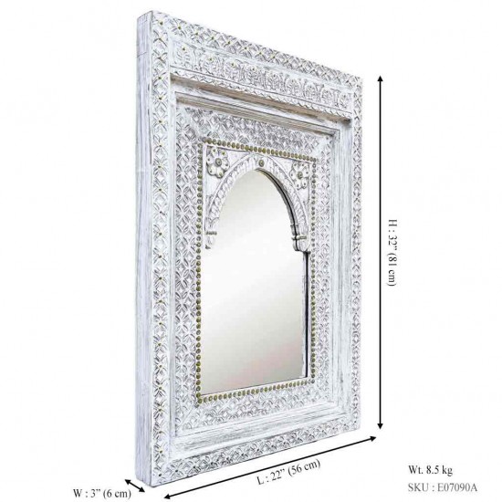 Wooden Distressed White Jharokha Mirror Frame