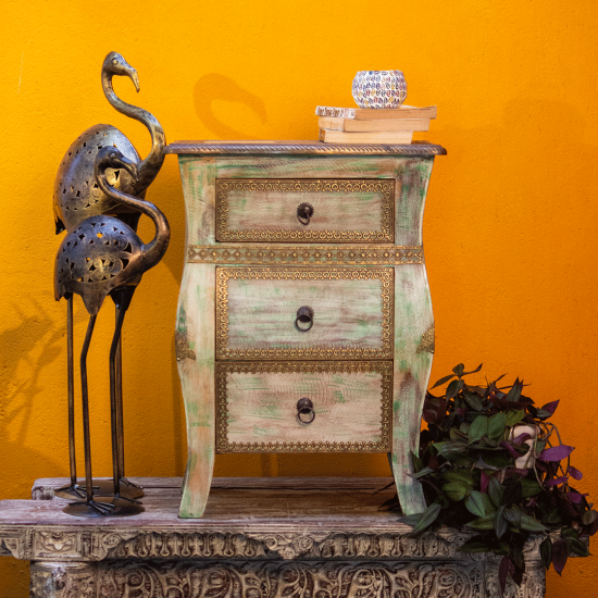 Wooden Side Table with Drawer - Embossed Brass Work 