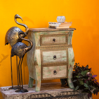 Wooden Side Table with Drawer - Embossed Brass Work 