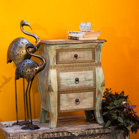 Wooden Side Table with Drawer - Embossed Brass Work 