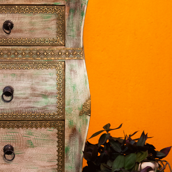 Wooden Side Table with Drawer - Embossed Brass Work 
