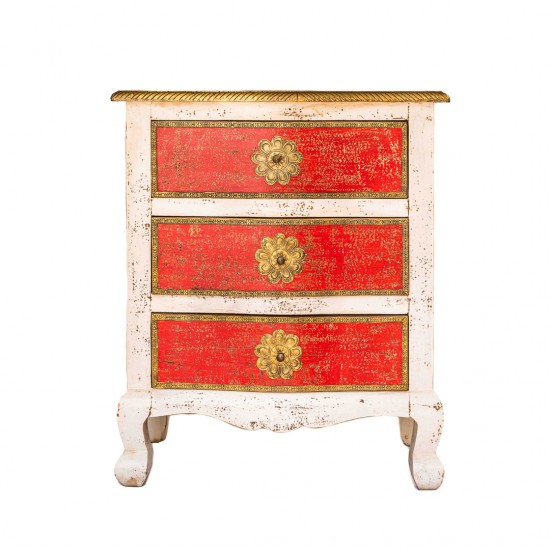 White - Red Vintage Bed Side Drawer With Embossed Brass Work 