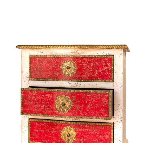 White - Red Vintage Bed Side Drawer With Embossed Brass Work 