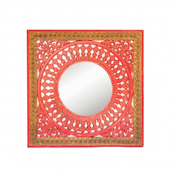 Pink Wooden Framed Wall Mirror With Embossed Brass Work