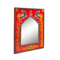 Hand Painted Peacock - Red Wooden Framed Mirror 