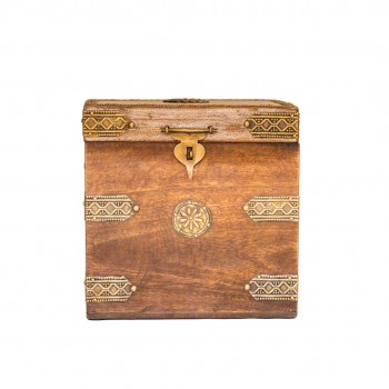 Square Wooden Box - Distressed White Top With Embossed Brass Work