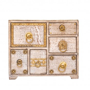Distressed White Mini Chest Of Drawers And Jewellery Box With Embossed Brass Work