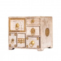 Distressed White Mini Chest Of Drawers And Jewellery Box With Embossed Brass Work