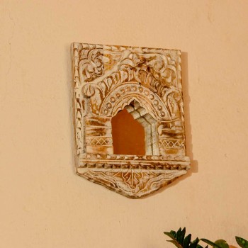 Distressed white wooden jharokha wall mirror Rajasthani Indian wall decor