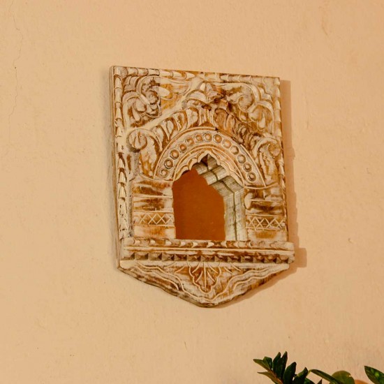 Distressed White Wooden Jharokha Wall Mirror | Rajasthani Indian Wall Decor Distressed white wooden jharokha wall mirror Rajasthani Indian wall decor