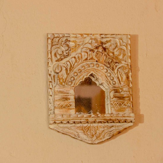 Distressed White Wooden Jharokha Wall Mirror | Rajasthani Indian Wall Decor Distressed white wooden jharokha wall mirror Rajasthani Indian wall decor
