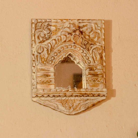 Distressed White Wooden Jharokha Wall Mirror | Rajasthani Indian Wall Decor Distressed white wooden jharokha wall mirror Rajasthani Indian wall decor