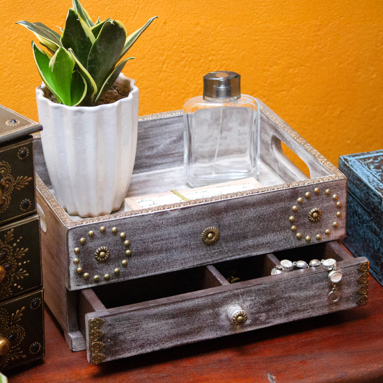 Antique White Wooden Tray Box Organizer with Brass Work